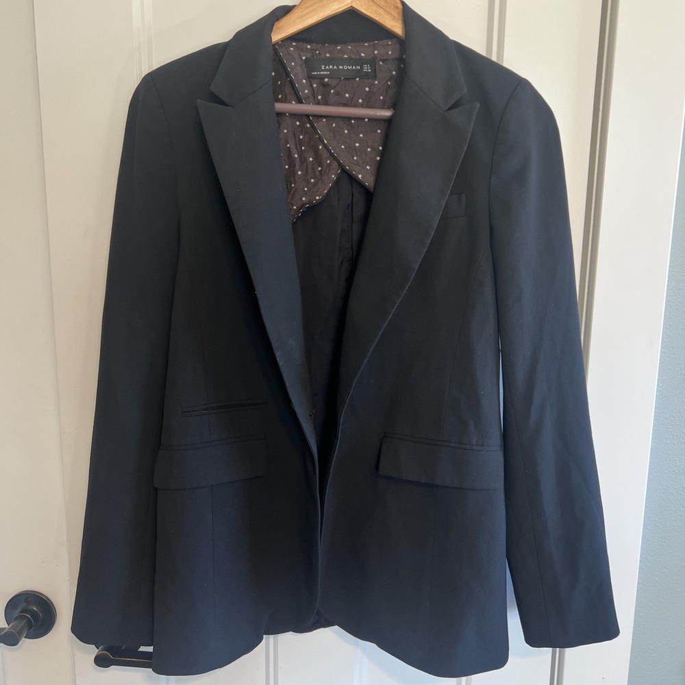 Zara Long Length Blazer Jacket Black Minimalist Career Snap Button S